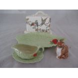 A Victorian cheese dish, two pieces of Carlton Ware and a cat ornament