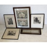 A collection of various etchings embroidery's, pictures including E Shepherd, Horace Davis etc.