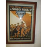 Framed YWCA WW1 poster "For every fighter, a woman worker" by Ernest Hamlin Baker. 87cm x 122cm (