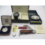 A hallmarked silver NAAFI medallion , English enamel pill box, pocket knives etc.