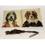 Two dog-themed embroidered cushions by Thierry Poncelet along with a vintage fly whisk