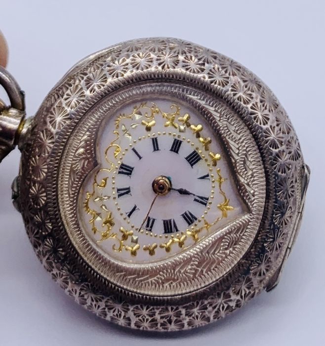 A 935 silver heart shaped fob watch with white enamelled dial with gold decoration - Image 2 of 4