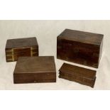 A collection of wooden boxes including two brass bound writing slope style cases