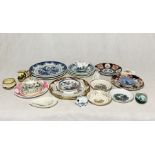 A collection of various china including two Japanese Imari plates, Delft, Royal Copenhagen pin dish,