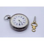 A Continental silver (935) fob watch with enamelled dial and watch key