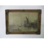 A framed oil painting on canvas of a harbour scene, signed by Walters - overall size 65cm x 93cm