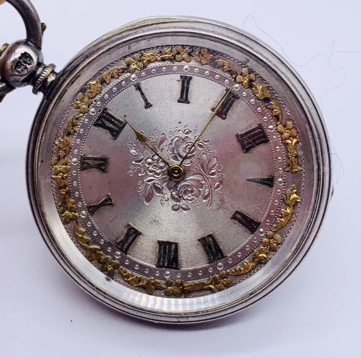 A hallmarked silver fob watch with silvered dial with gold detailing - Image 2 of 4