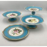 Four Minton style comports painted with floral posies and enriched in gilt within beaded borders,