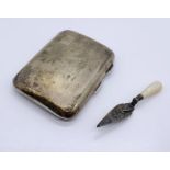 A hallmarked silver cigarette case along with a miniature silver trowel with mother of pearl handle