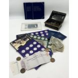A collection of various coinage, including vintage Parr's Bank Limited bank note, commemorative