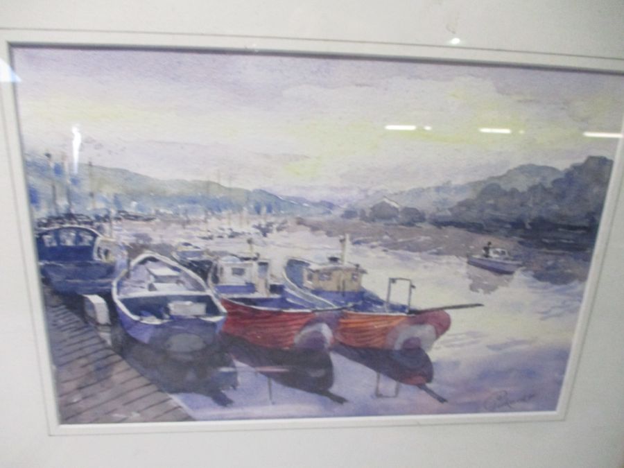 Two watercolour paintings of harbour scenes, one signed Pickard & the other signed Rue. - Image 8 of 8