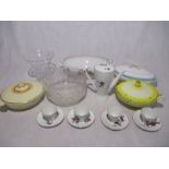 A small collection of china and glassware including a part Burleigh Ware coffee set, various tureens