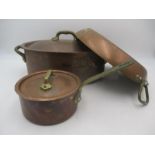 A French copper casserole stamped Villedieu along with matching frying pan and saucepan