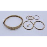A scrap 9ct gold bracelet along with two pairs of unmarked gold hoop earrings and one other, total