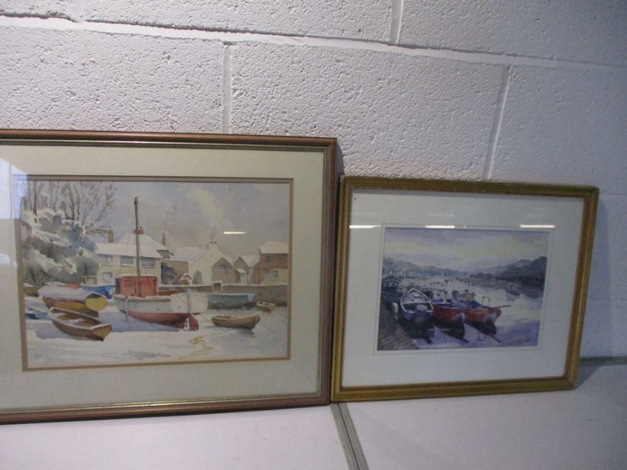 Two watercolour paintings of harbour scenes, one signed Pickard & the other signed Rue.