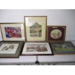 A collection of six watercolours, pastels, prints and woodblock art. Artists include George