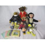 A collection of soft toys including a vintage Womble in Harley Davidson jacket, fox huntsman,