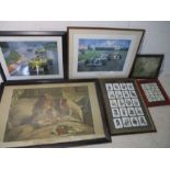 An assortment of framed prints including two Michael Turner "Mansell Magic" and "Jordan clean