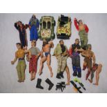 A collection of nine vintage Action Men (some A/F), along with a selection of accessories