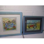 A watercolour of a cartoon style harbour scene along with a similar print. An untitled limited