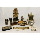 A collection of Eastern and Oriental items including soapstone carving, SCM purse, table gong, brass