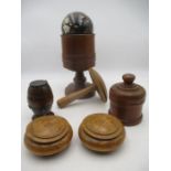 A collection of treen along with a granite ball