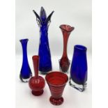 A collection of various art glass including Whitefriars style blue vase