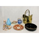 A collection of various items including brass coal scuttle, Chinese porcelain seal with six