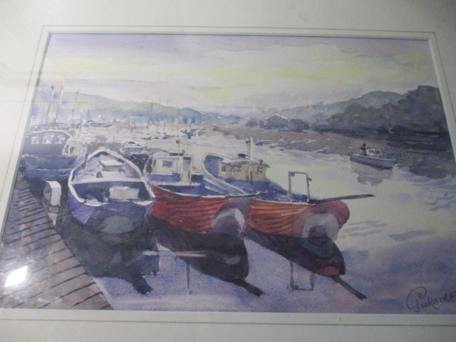 Two watercolour paintings of harbour scenes, one signed Pickard & the other signed Rue. - Image 3 of 8