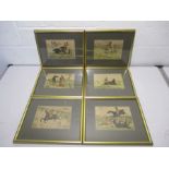 A collection of six framed prints of hunting scenes