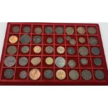 A tray of various copper coinage including Isle of Man cartwheel penny 1813, George IIII