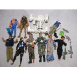 A collection of vintage Action Men, along with a selection of accessories including clothing,