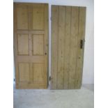 Two pine doors, one panelled, one rustic. 190cm x 76cm and 193cm x 76cm