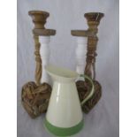 Two pairs of wooden candlesticks, a tin jug and a pair of driftwood heart shaped wall ornaments