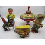 A tin plate spinning top, clock work toys etc.