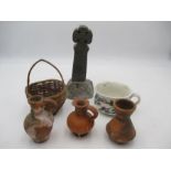 A soapstone cross, miniature Portmerion chamber pot, miniature terracotta jugs etc.