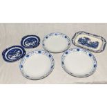 A collection of blue and white china including three Chinese chargers with lotus flower detail