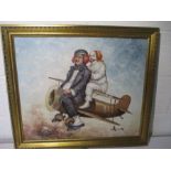 An oil on canvas of two clowns on a plane signed W, Moninet - William Moninet was an American