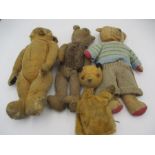 Three vintage teddy bears ( all A/F) along with a Chad Valley Sooty hand puppet