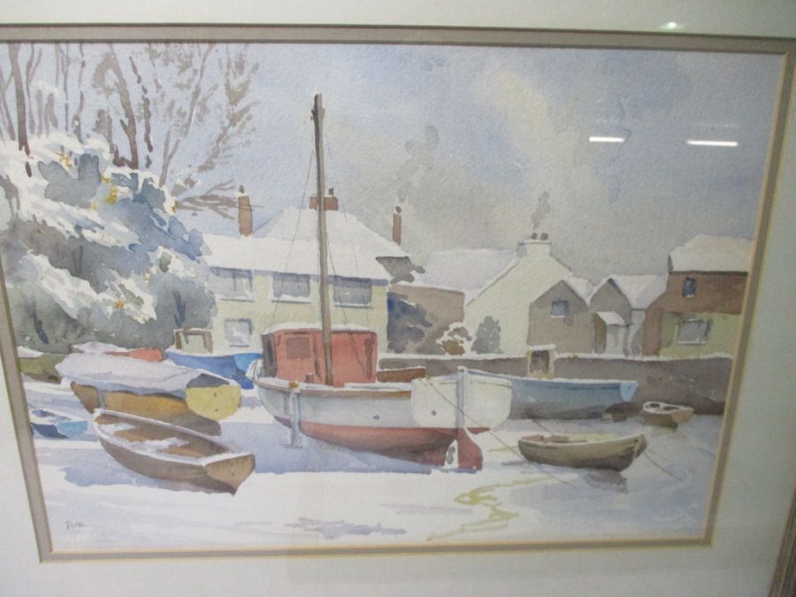 Two watercolour paintings of harbour scenes, one signed Pickard & the other signed Rue. - Image 5 of 8