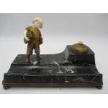 An ivory and bronze inkwell set on marble base ( marble repaired)