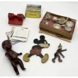 A small collection of vintage toys including a jointed doll, Mickey Mouse wooden figure, a View-