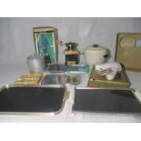 An assortment of vintage kitchen ware including a Prestige egg beater, coffee grinder, set of silver