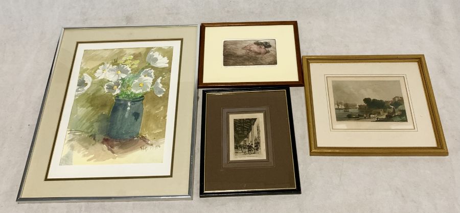 A collection of paintings, engravings etc including "Barnyard Study" an artists proof by Anne