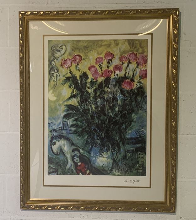 A limited edition Lithograph by Marc Chagall 254/400 label to back "Le Rose" 105cm x 80cm