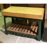 A Victorian cast iron framed butchers block converted from a saw bench, base marked with Stenner &