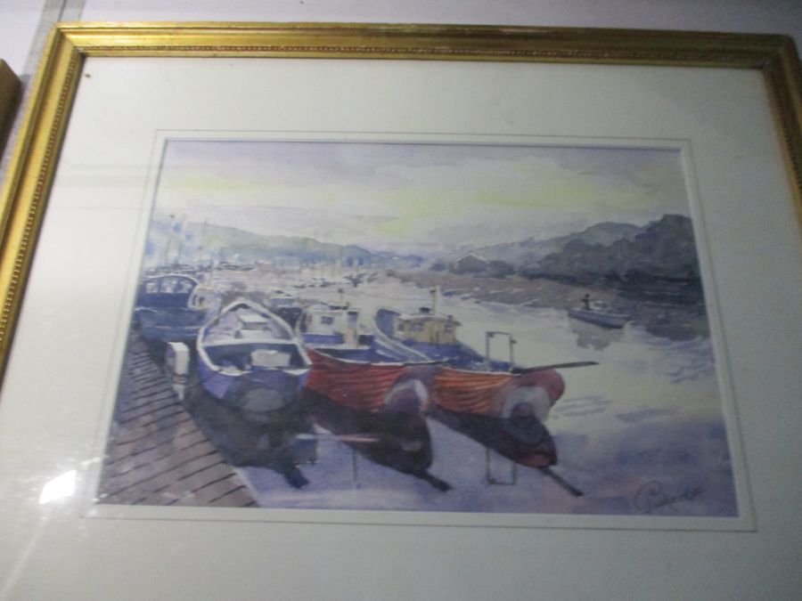 Two watercolour paintings of harbour scenes, one signed Pickard & the other signed Rue. - Image 2 of 8