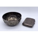 A hallmarked silver cigarette case along with an Indian SCM bowl