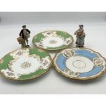 Two Sitzendorf porcelain figures along with three antique china plates including Coalport