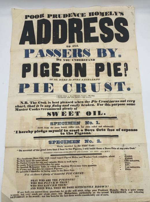 A vintage poster for "Prudence Homely's address to all passers by" 75cm x 50cm